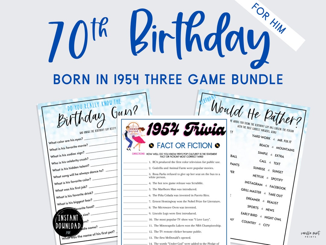 Adult Birthday Party Game Bundle 70th Birthday Born In 1954 3 Game