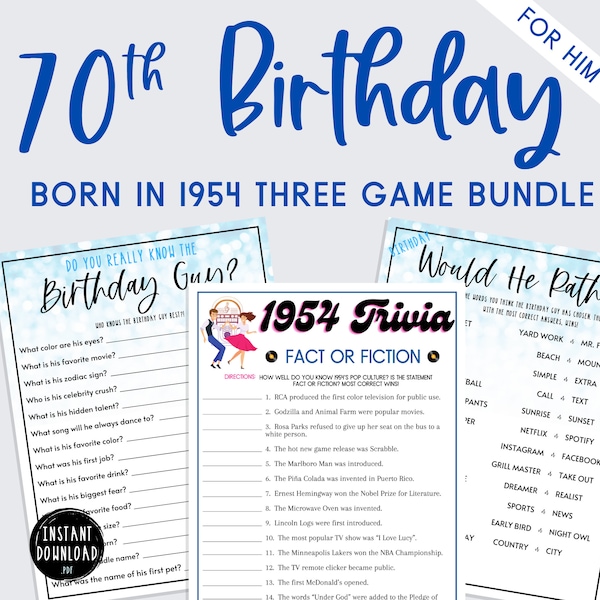 Adult Birthday Party Game Bundle | 70th Birthday | Born in 1954 | 3 Game Bundle | Would He Rather | Trivia | Seventieth Birthday Party Men