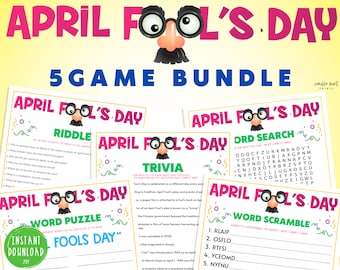 April Fool's Day 5 Game BUNDLE | April Fools Party Games | Printable Game for Adults & Kids | Classroom | Youth Group | Jokes and Riddles