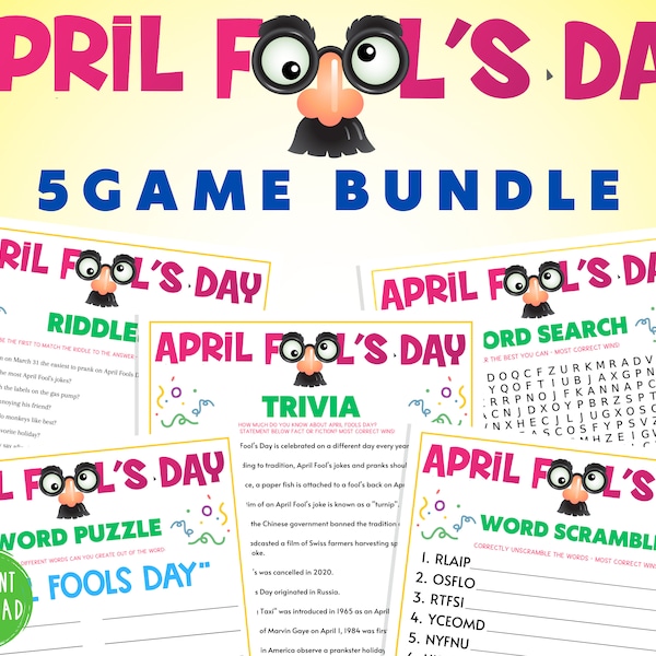 April Fool's Day 5 Game BUNDLE | April Fools Party Games | Printable Game for Adults & Kids | Classroom | Youth Group | Jokes and Riddles