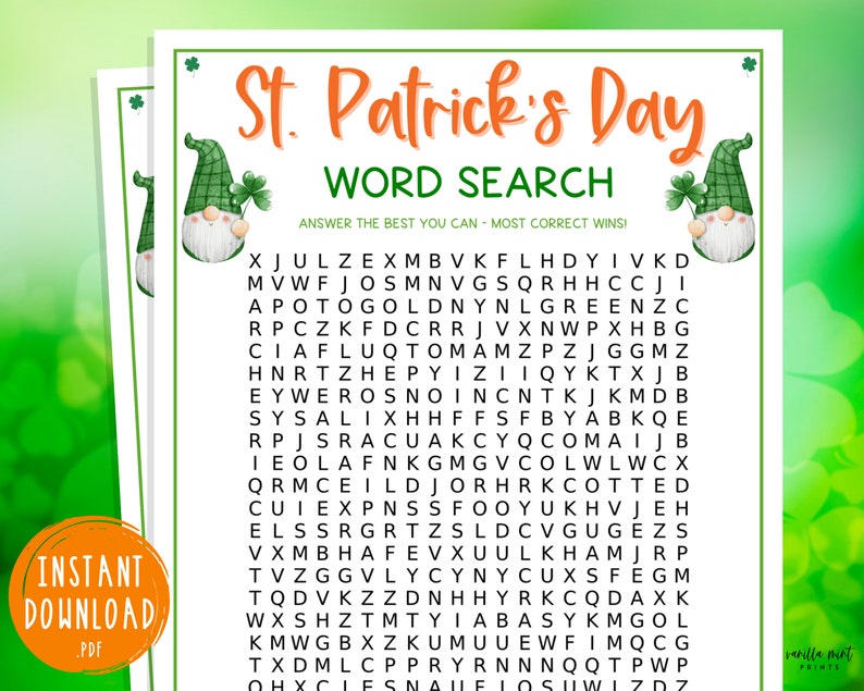 May include: Printable St. Patrick's Day word search puzzle with a green leprechaun illustration. The puzzle has the words 'St. Patrick's Day' in orange text and 'Word Search' in black text. The puzzle is surrounded by a green shamrock border. The puzzle is for instant download and is a PDF file.