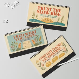 desk calendar for sourdough bakers, flipbook with gentle reminders and uplifting positive quotes sitting on a kitchen table as decor