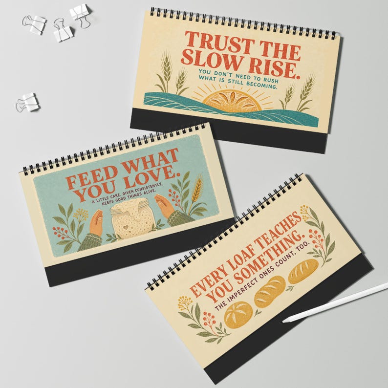 desk calendar for sourdough bakers, flipbook with gentle reminders and uplifting positive quotes sitting on a kitchen table as decor