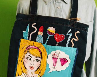 Denim bag with manual work, with lace and glitter, adjustable doctor.