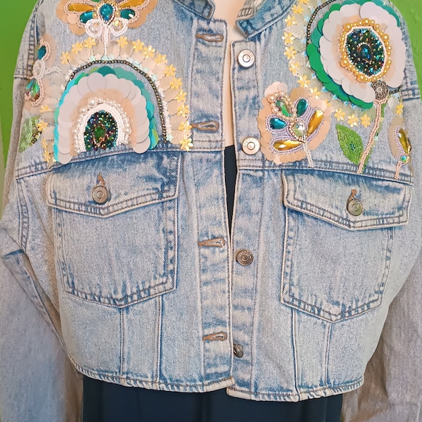 Customized hand-embroidered Jeans Jacket with handcrafted Design, Handmade Jeans Jacke, Designer Jacket with fashionable embroidery, Size 40