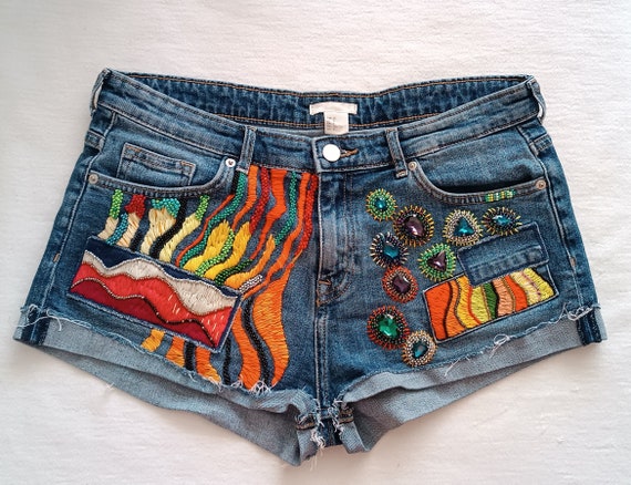 Denim Shorts in Vintage Style With Hand Embroidery, Size 38