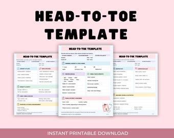 May include: A three-page medical head-to-toe assessment template with a light pink background. The document features organized sections for vital signs, neurological, respiratory, cardiovascular, and mobility data with clear headings and checkboxes.