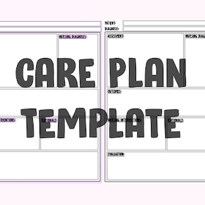 May include: A black and white printable care plan template with the words "CARE PLAN TEMPLATE" in large, bold letters.