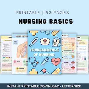 Puede incluir: Una guía imprimible de 52 páginas sobre fundamentos de enfermería con una portada azul claro e iconos médicos como un estetoscopio, una jeringa y un corazón. Las páginas incluyen tablas sobre cálculos de dosis, nervios y signos vitales.