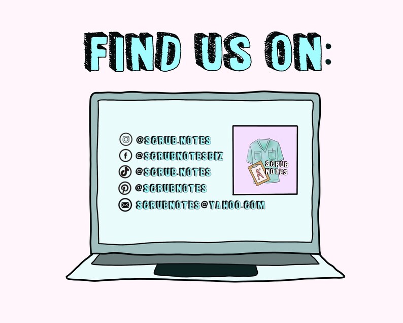 Puede incluir: Una pantalla de computadora port&aacute;til que muestra identificadores de redes sociales para @SCRUB_NOTES, que incluyen Instagram, Facebook, TikTok, Pinterest y correo electr&oacute;nico. El texto "SCRUB NOTES" tambi&eacute;n es visible en un logotipo en la pantalla.