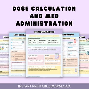 Może przedstawiać: Zestaw edukacyjnych arkuszy do nauki pielęgniarstwa zatytułowanych Dose Calculation and Med Administration. Strony zawierają tabele przeliczeniowe, wzory dawkowania, przykłady leków w płynie i tabletek, punkty kontroli bezpieczeństwa oraz ćwiczenia.