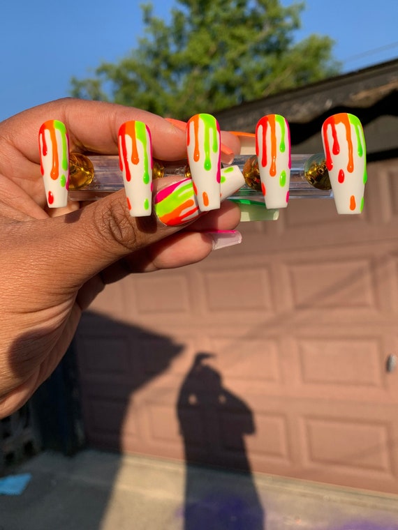 Reusable Gel X Press on Nails Rainbow Drip