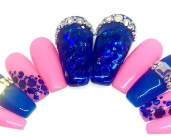 Pink and Blue with Chunky Glitter-Press On Nails