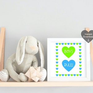 May include: A framed print with the words "BOYS RULE!" in green and blue hearts. A plush bunny and a geometric wooden star sit on a wooden shelf with leather straps.