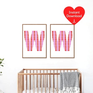 May include: Two framed prints, each showing the letter "W" made of red and pink hearts. The prints are in light brown frames. A red heart graphic with "Instant Download" text is above the prints.
