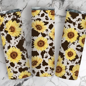 Cow Print Sunflower Tumbler PNG, Cowhide Sublimation Design, 20 oz Skinny Tumbler, Sunflowers Tumbler Wrap, Waterslide PNG, Digital Download