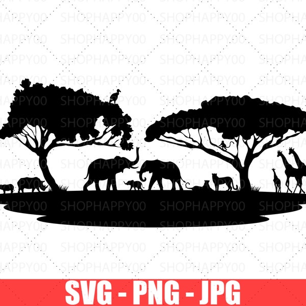 Safari Africa Animal SVG, Elephant, Giraffe, Safari Clipart, Safari Svg, Safari Png, Scene Africa Animals Vector, SVG Files for Cricut