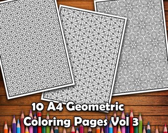 Pode incluir: Três páginas para colorir geométricas em preto e branco sobre um fundo de madeira. As páginas são do tamanho A4 e apresentam padrões intrincados. O texto "10 páginas para colorir geométricas A4 Vol 3" está abaixo das páginas. Uma fileira de lápis de cor está na parte inferior da imagem.