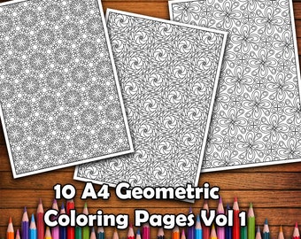 Pode incluir: Três páginas para colorir geométricas em preto e branco sobre um fundo de madeira. As páginas são do tamanho A4 e apresentam padrões intrincados. O texto "10 páginas para colorir geométricas A4 Vol 1" está na parte inferior da imagem.
