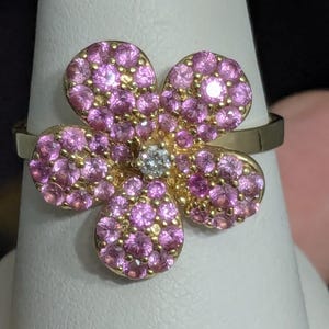Modern pave puff DIAMOND PINK SAPPHIRE 14K yellow gold flower ring