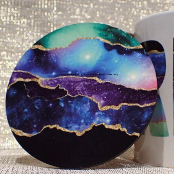 Galaxy Agate Printed Coaster Set of 1,2 or 4 Coasters Blue Green Printed Astronomy Gift by Grace and Fred
