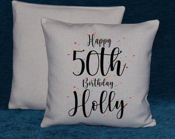 50th Birthday Gift Cushion, Personalised Linen Printed Celebration Gift, 18th, 21st, 40th, 50th, 60th, 80th, 100th birthday gift