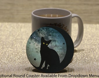 Cat Coaster, Set of 1, 2 or 4 Round Coasters, Black Cat Office Desk Accessories, Galaxy stars Drinks Decor Drink Mats by Grace and Fred