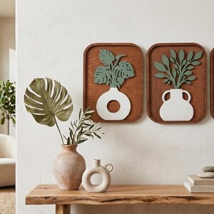 Tropical Leaves Wooden Wall Art, Modern Farmhouse Decor, Set of 3