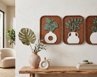 Tropical Leaves Wooden Wall Art, Modern Farmhouse Decor, Set of 3