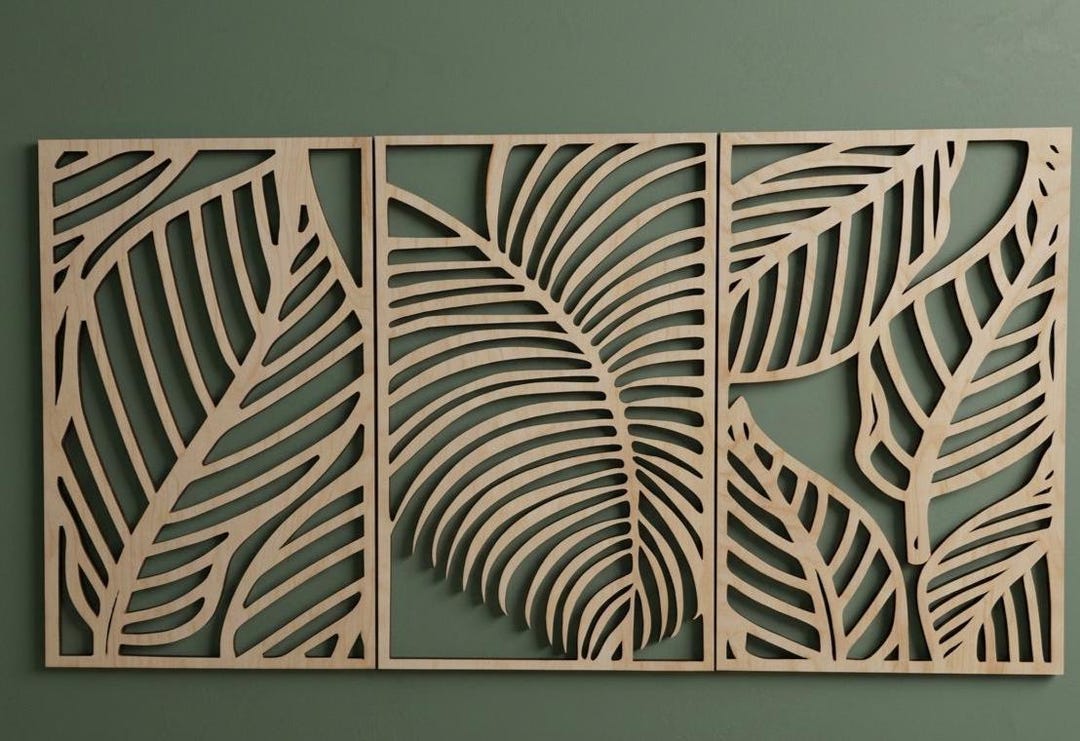 Monstera Leaves Wooden Wall Art, Tropical Home Decor Set of 3