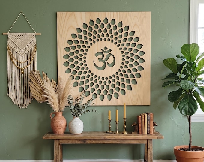 Om Design, wooden spiritual wall art, hindu pooja room decor