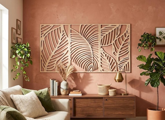 Monstera Leaves Wooden Wall Art, Tropical Home Decor Set of 3