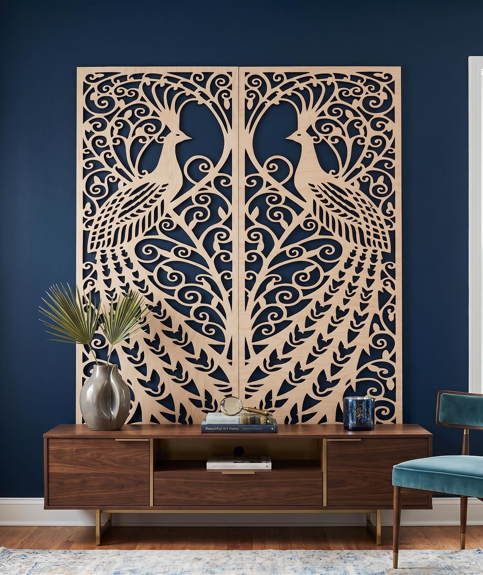 Peacock Wood Wall Hanging – Elegant Nature & Bird Inspired Art Set