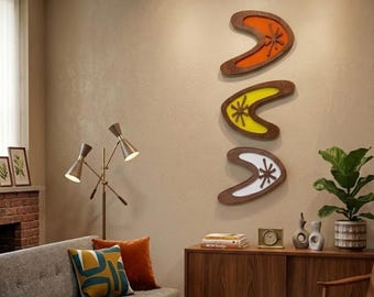 Mid century starburst art, Set of 3 wooden Style art – Minimalist Home