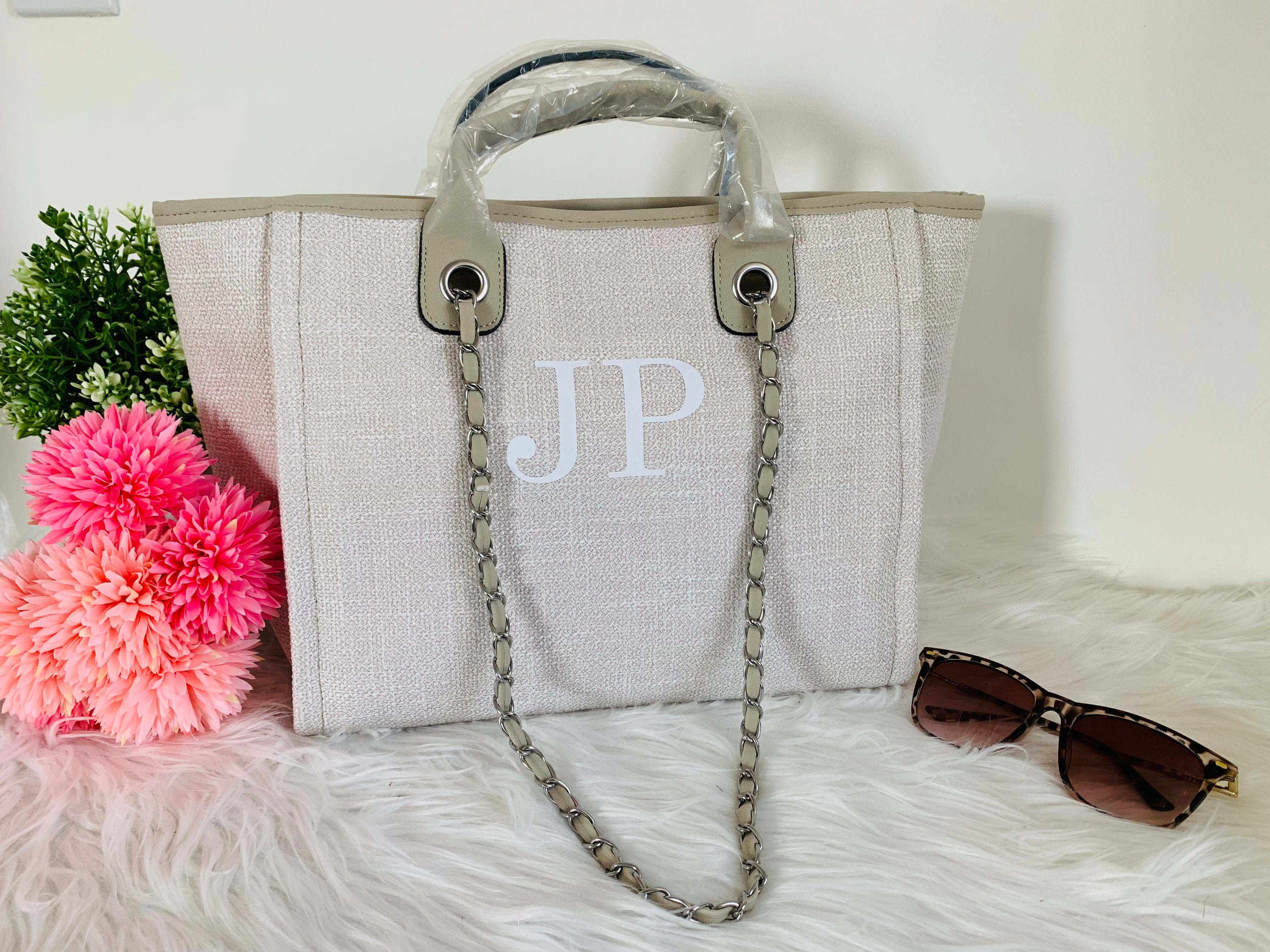 Large Luxury Customized Monogram Tote Bag, Canvas Chain Beach Shopping Tote  Bag, Personalized Weekend Hand Bag, Luxe Chain Bag
