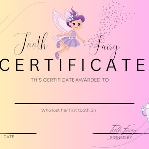 Tooth Fairy Certificate, Editable first lost tooth certificate