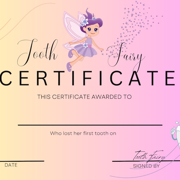 Tooth Fairy Certificate, Editable first lost tooth certificate