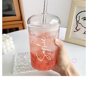 Personalised Tumbler with Glass dome lid, Dome lid Coffee Cup, Glass Cup Tumbler with Straw