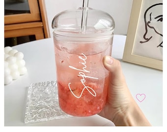 Bicchiere in vetro personalizzato con coperchio a cupola e cannuccia