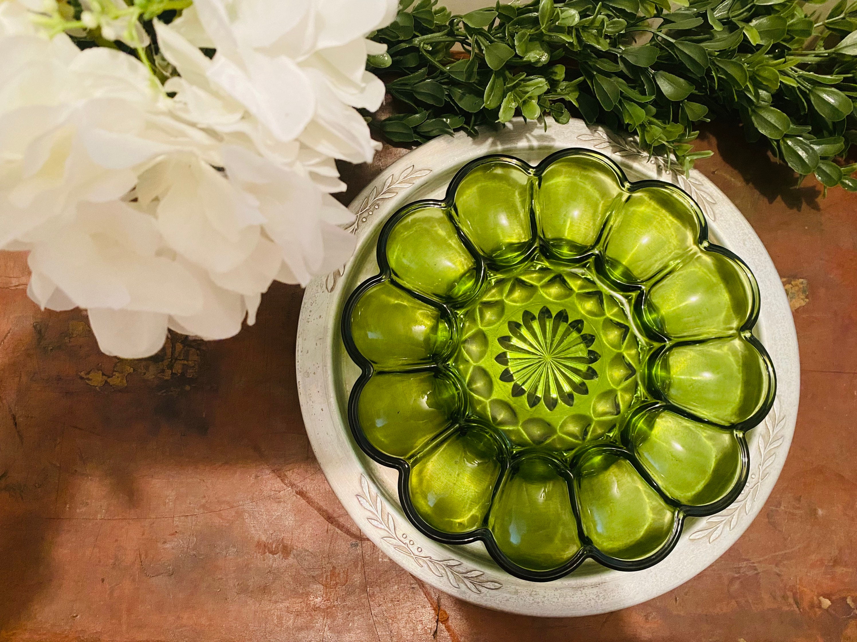Vintage Avocado Green Deviled Egg Glass Platter Anchor Etsy