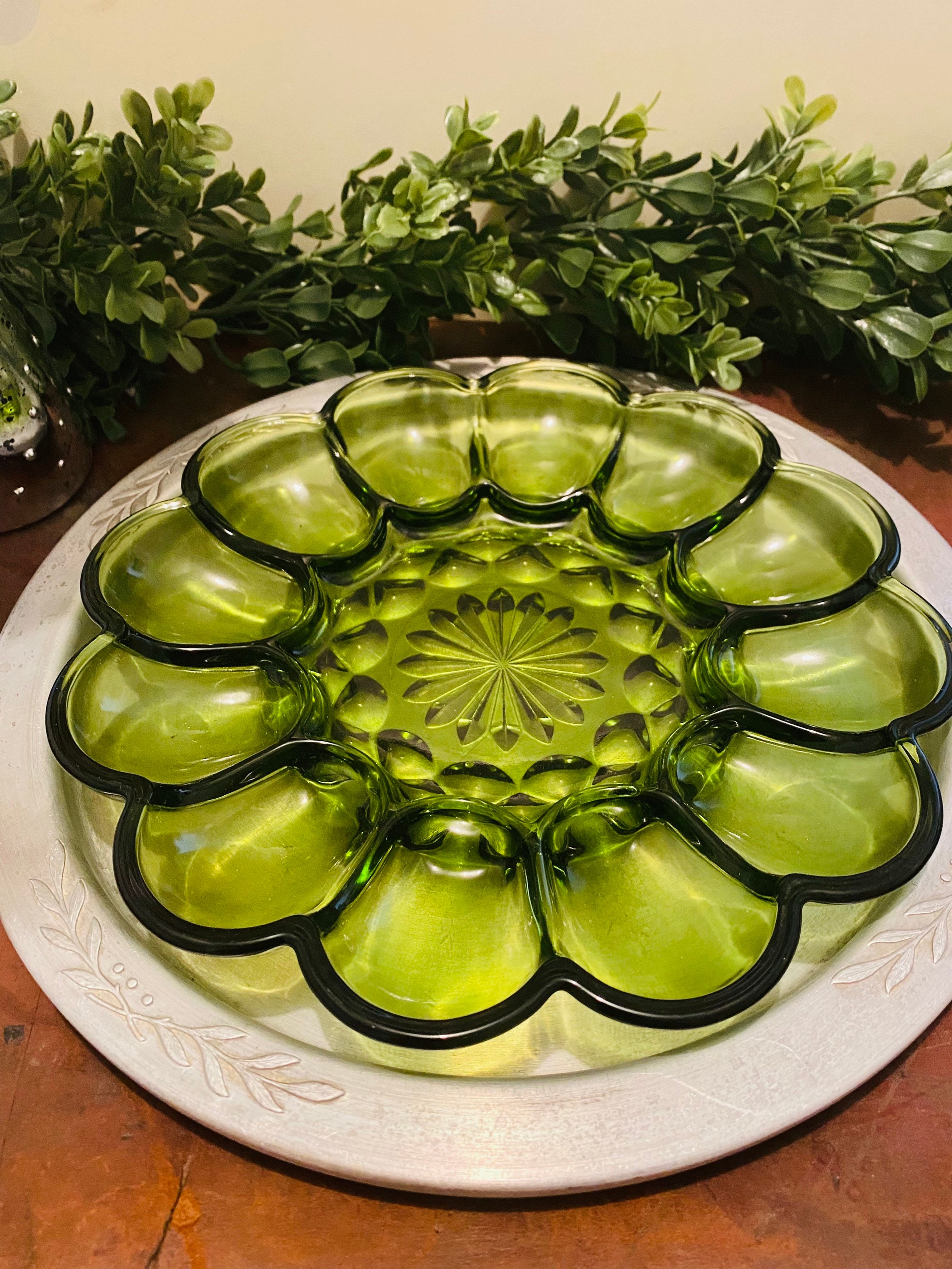 Vintage Avocado Green Deviled Egg Glass Platter Anchor Etsy