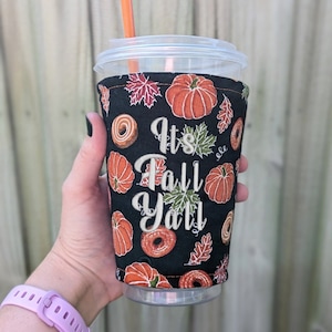 Fall Donuts Coffee Cozy, Autumn Leaves Drink Sleeve, Halloween Iced Coffee Cozy, Coffee Sleeve, Orange & Black Drink Cozy, Coffee Lover Gift