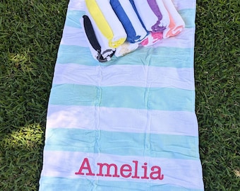 Asciugamani da spiaggia a righe ricamati, asciugamani reversibili personalizzati per cabine 58x28, telo piscina personalizzato, regalo estivo, accessorio da spiaggia estivo