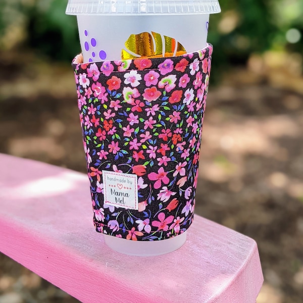 Drink Cozy | 'Floral' Drink Sleeve | Can Sleeve | Iced Coffee Cozy | Iced Coffee Sleeve | Dark Floral | Can Cooler | Cup Cozy | Pink Flowers