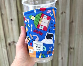 Blue School Supplies Drink Cozy, Back to School Coffee Sleeve, Teacher Appreciation gift, School Supplies Iced Coffee Sleeve, Coffee Gift