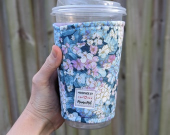 Floral Iced Coffee Sleeve, Iced Coffee Cozy, Drink Cozy, Coffee Lover Gift for Her, Womens Drink Sleeve, Coffee Gift, Blue Purple Flowers