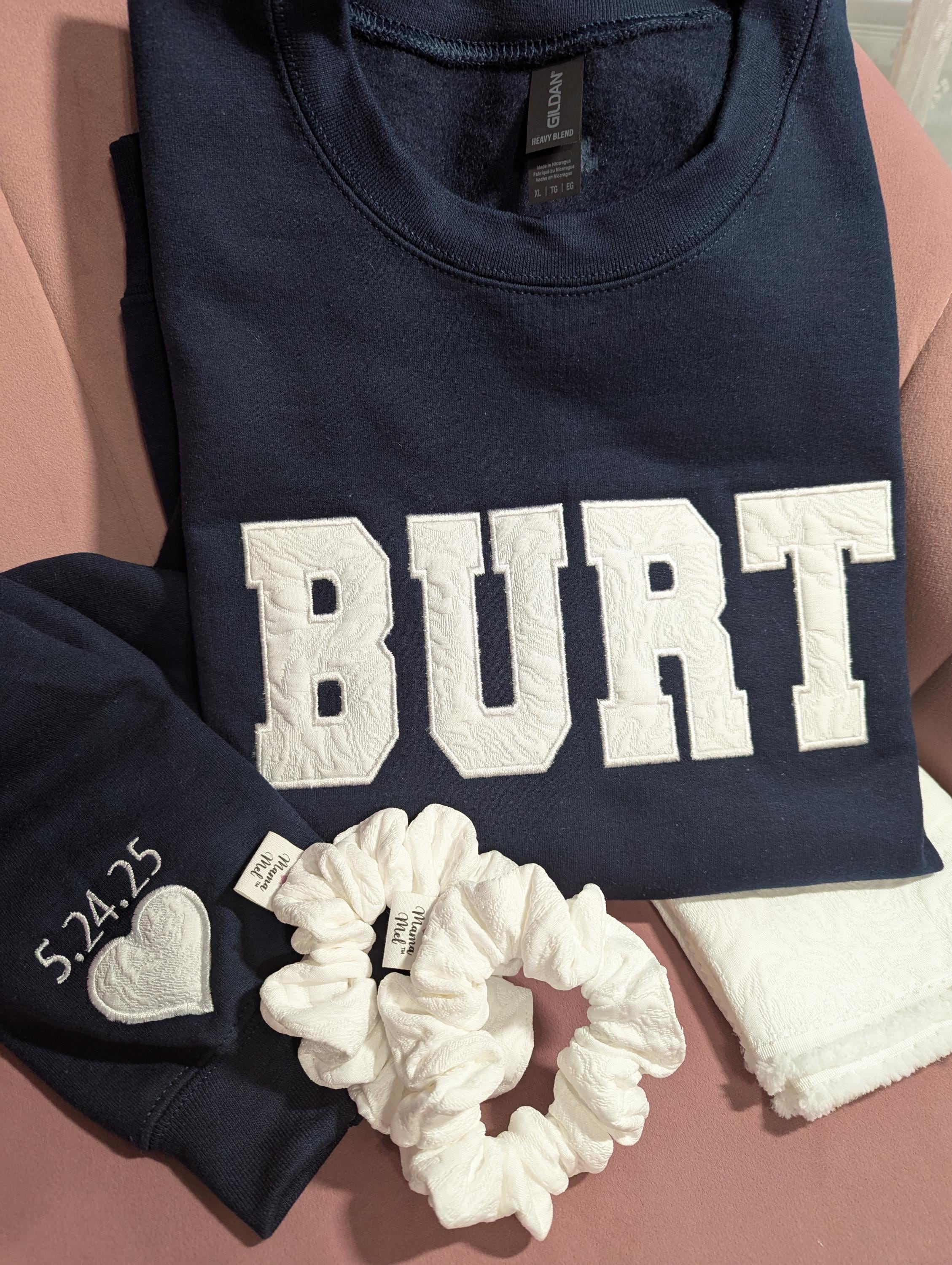 LAST NAME Keepsake Embroidered Sweatshirt, Wedding Dress Sweatshirt, Wife Crewneck with repurposed Wedding Gown, Embroidered Bride Keepsake
