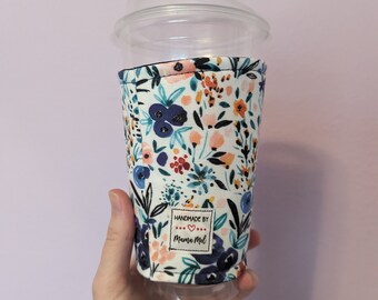 Blue Pretty Floral Drink Cozy, Iced Coffee Sleeve, Coffee Cozie, Iced Coffee Cozy, Mothers Day Gift, Gift for Coffee Lover, Flower Mom gift