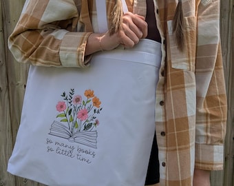 So Many Books Embroidered Tote Bag, Large Zipper Tote Bag with Floral Embroidery, Book Lover Tote Bag with Zipper