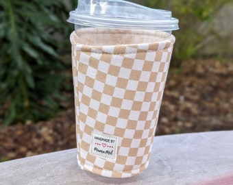 Tan Checkered Drink Cozy, Iced Coffee Sleeve, Coffee Cozie, Iced Coffee Cozy, Mothers Day Gift, Gift for Coffee Lover, Neutral Tan Checkered
